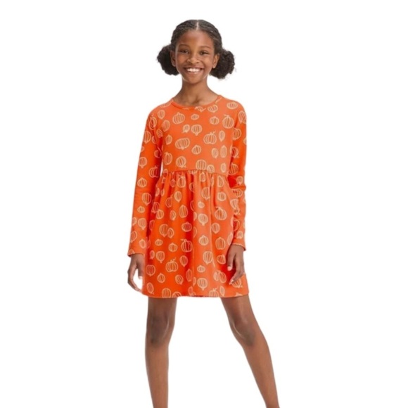 Cat & Jack Girl's Orange Halloween Dress with Pumpkin Print NWT Size XL (14) - Picture 1 of 5
